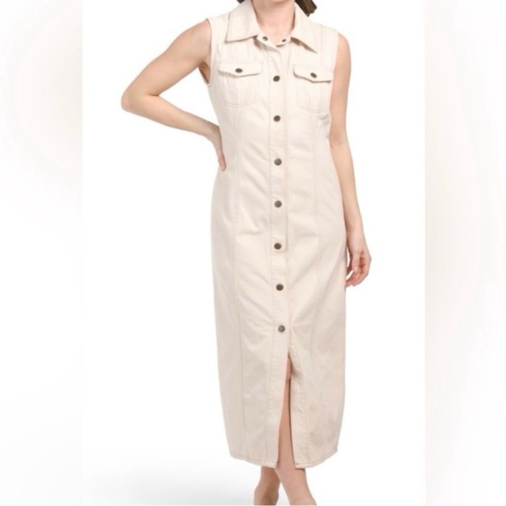 House Of Harlow 1960 Cream‎ Snap Front Denim Sleeveless Maxi Dress Size XS